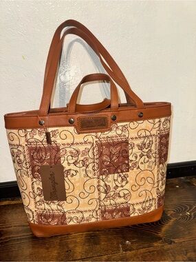 Wrangler Tan & Brown Patterned Canvas Tote Bag With Matching Wallet